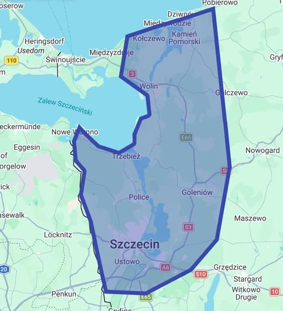 Mapa obszaru obsługi asenizacji — Szczecin, Mierzyn, Dołuje, Police, Goleniów, Kamień Pomorski i okolice
